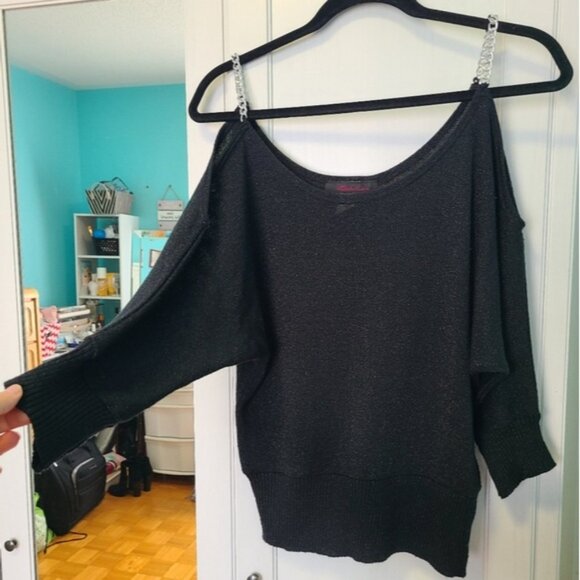 Festive Holiday Party Black Glitter Knit Cold Shoulder Silver Chain Strap Top - Picture 4 of 11